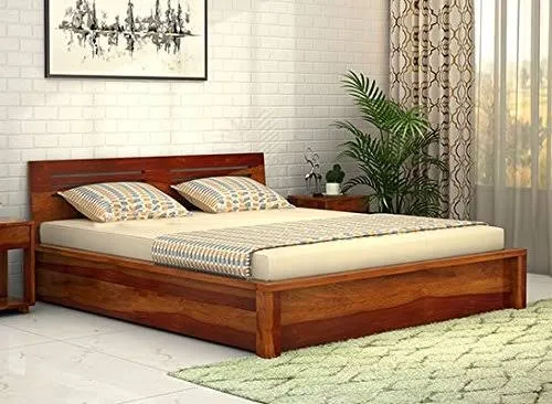 Handmade Teak Wood King Size Bed Luxurious Honey Finish Elegant Bedroom Decor Varnish Plain Design