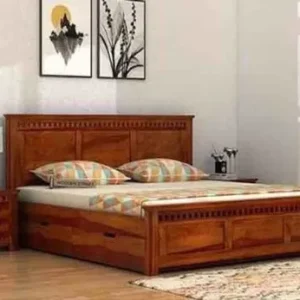 Wrapped Plain Design Handmade Teak Wood King Size Bed Luxurious Honey Finish Elegant Bedroom Decor With 2 Bedside Tables