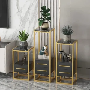 Luxurious Golden Iron Square Side End Table with Black Marble Top Elegant Space Saving (Set of 3)