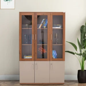 Genting Engineered Wood Handmade Bookshelf Rack for Library Home or Office Spiced Acacia with 3 Door