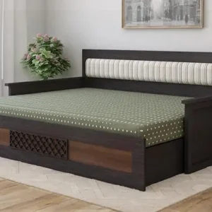 Royaloak Muar Handmade Teak Wood 3 Seater Sofa Cum Bed Convertible, Space-Saving Walnut Finish
