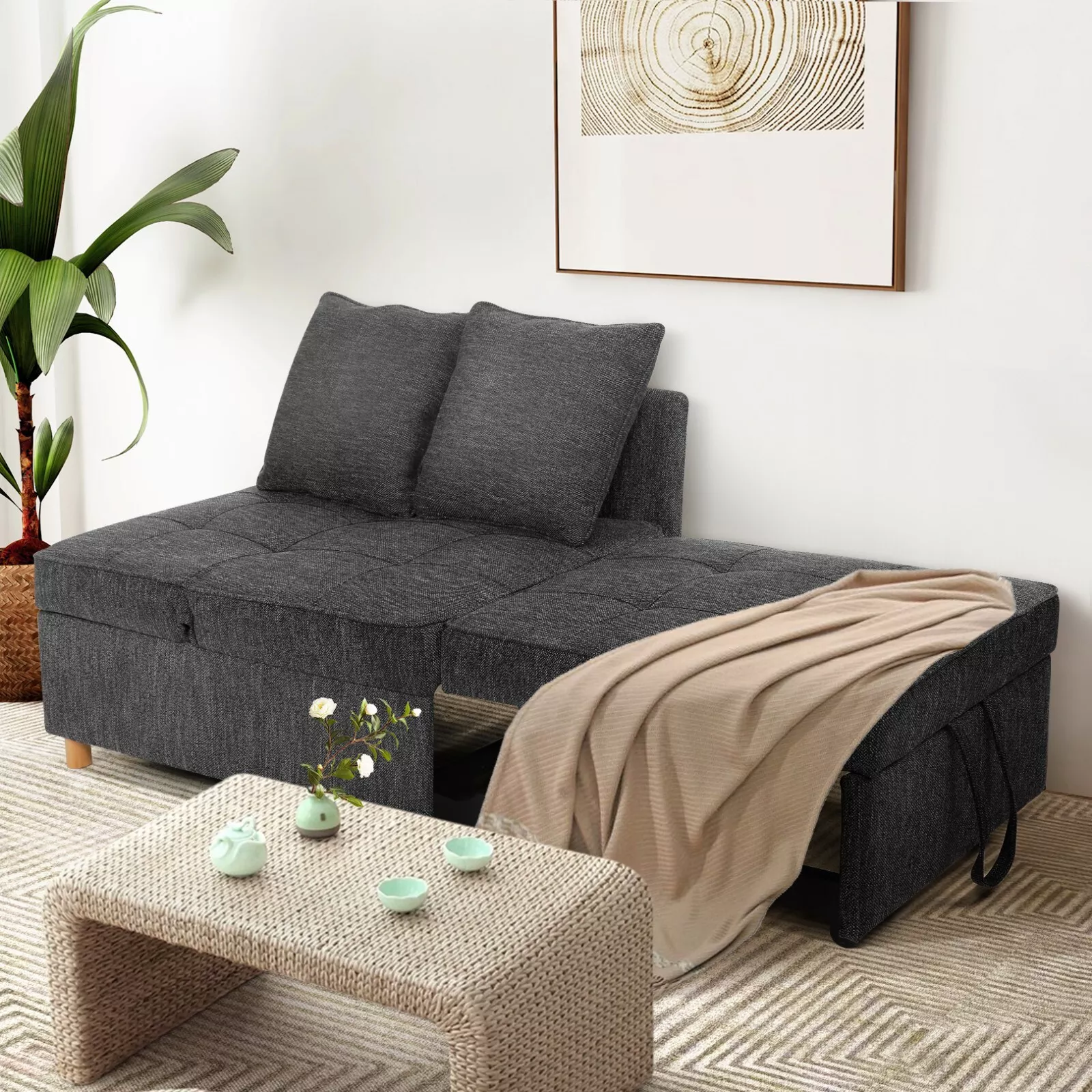 Folding Ottoman Sofa Cum Bed Sleeper Sofa with Adjustable Backrest and 2 Pillows Convertible Space-Saving Sofa Bed for Small Spaces