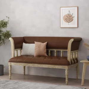 Natural Art & Craft Loveseat Button Tufted Teak Wood Leatherette Upholstered 2 Bench for Living Room and Bedroom