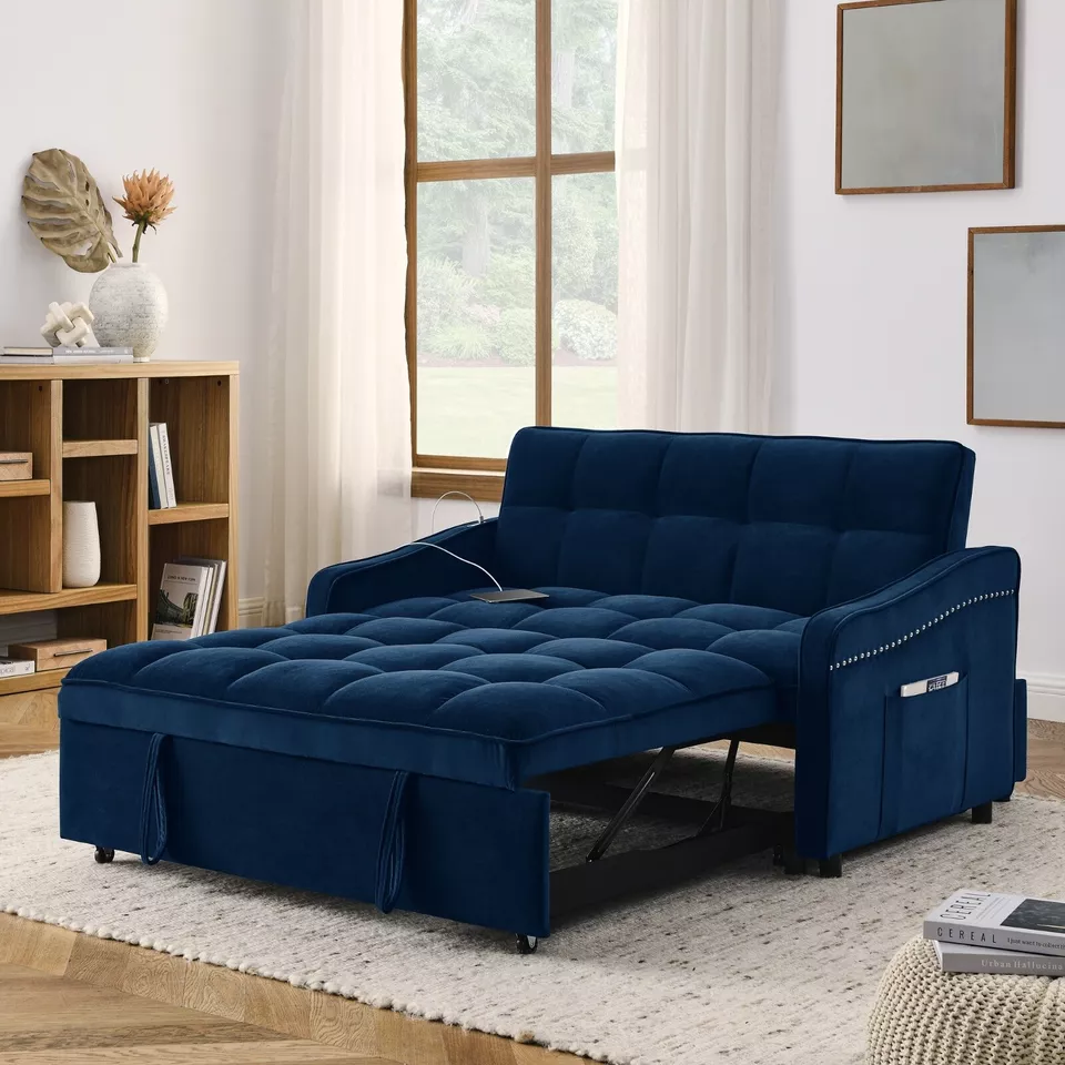 Convertible Loveseat Sofa Bed with Pull-Out, Adjustable Back, and Arm Pockets Space-Saving Sleeper Sofa for Small Spaces, Multi-Functional