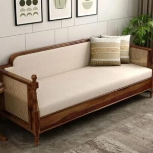 Solid Teak Wood Rattan Cane Divan Bed with Mattress –