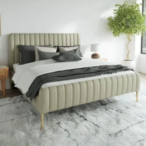 Daisy Luxury Teak Wood Upholstery King Size Bed for Modern Bedroom Metal Legs