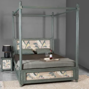 Serene Royal Handmade Teak Wood Poster Bed with Storage and 2 Elegant Bedside Tables