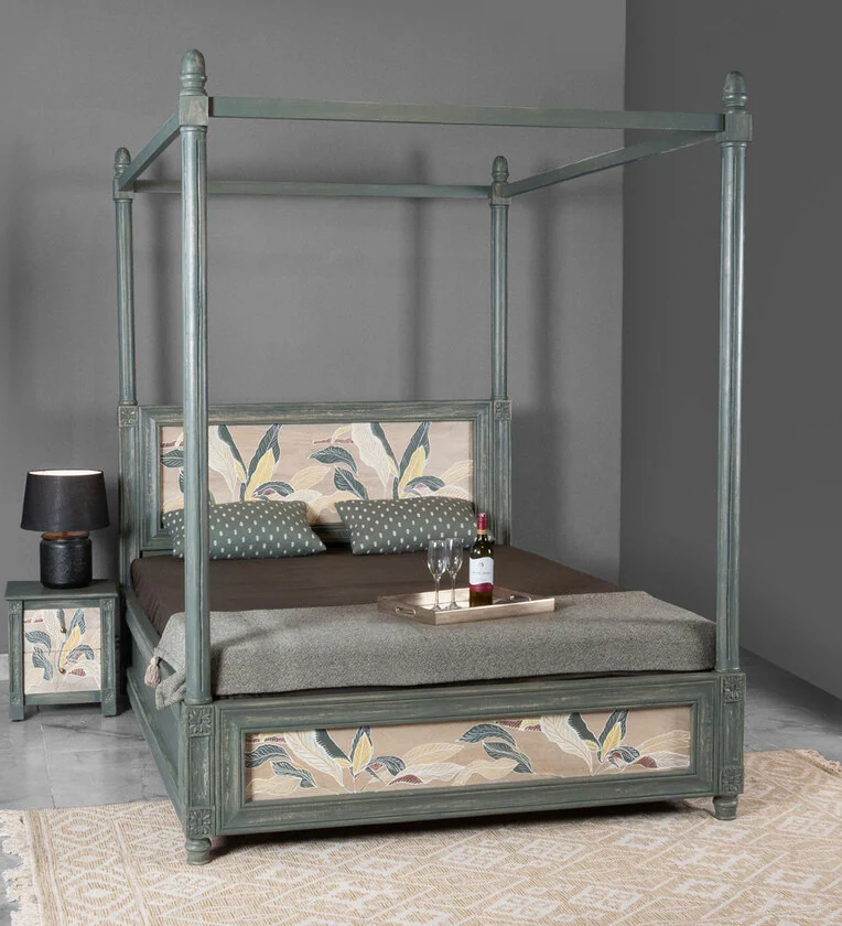 Serene Royal Handmade Teak Wood Poster Bed with Storage and 2 Elegant Bedside Tables