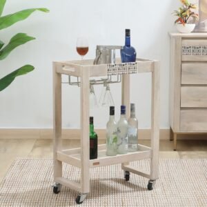 Natural Art & Crafts Serengeti Handmade Teak Wood 2-Tier Bar Serving Trolley with Wheels for Home Bar & Dining Room (White Wash Finish )