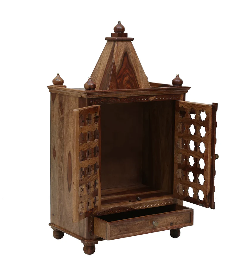 Brass Pin Traditional Handmade Wooden Pooja Temple With Door for Daily Prayers (Natural Finish) - Image 3