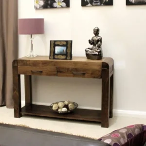 Baumhaus Handmade Teak Wood Console Table with 2 Drawers Storage Rack for Living Room (Walnut Finish)