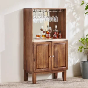 Giza Handmade Teak Wood Faux Marble Top Bar Cabinet with Storage Stylish Bar Cabinet for Wine, Liquor, Glasses ( Brown )