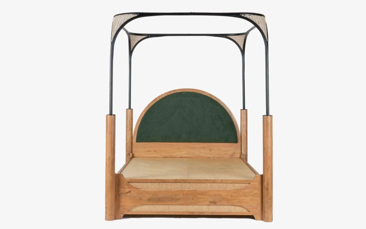 Rattan Cane Webbing Royal Handmade Teak Wood Upholstery Poster Bed ( Natural & Black ) - Image 4