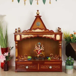 Dzyn Traditional Handmade Wooden Pooja Temple for Daily Prayers (Golden Leaf)