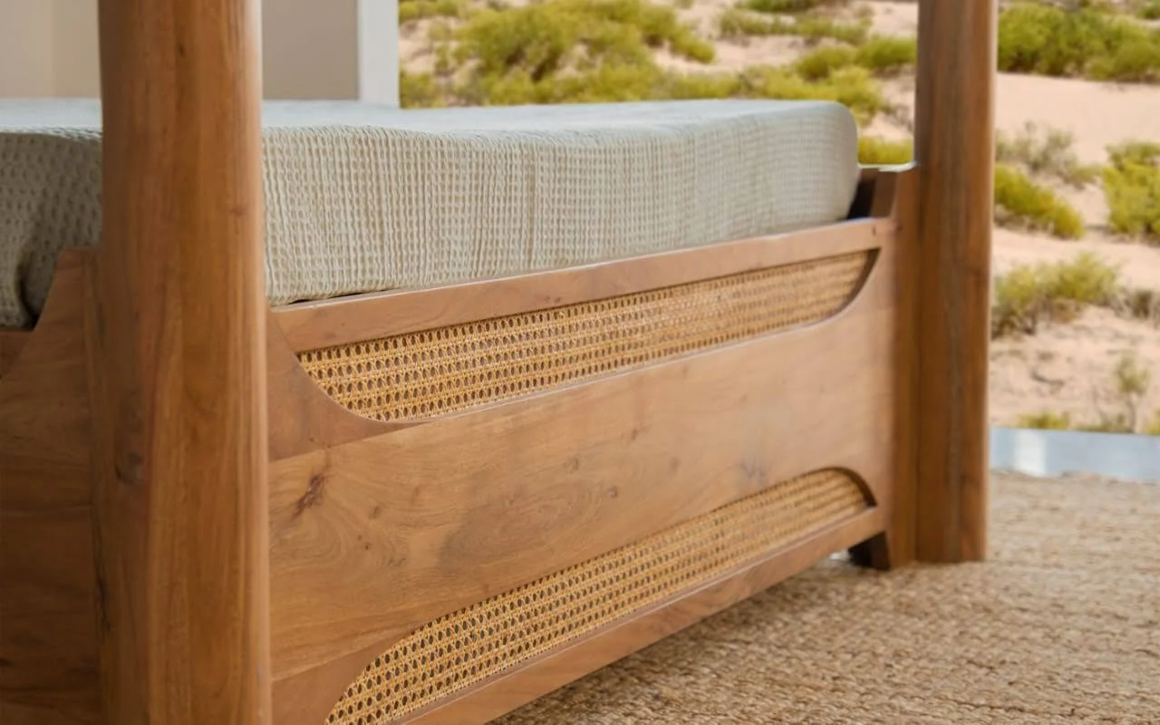 Rattan Cane Webbing Royal Handmade Teak Wood Upholstery Poster Bed ( Natural & Black ) - Image 2