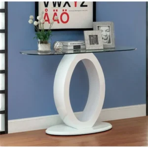 Modern Contemporary Teak Wood Console Table with Glass Top for Living Room (White)