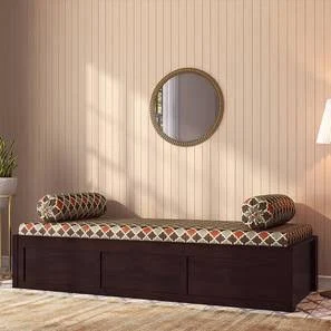 Handmade Rectangular Teak Wood Diwan Bed with Rolled Cushions Traditional Indian-Style Diwan Sofa for Living Room