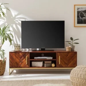 Carved Line Acacia Wood Rectangular TV Unit