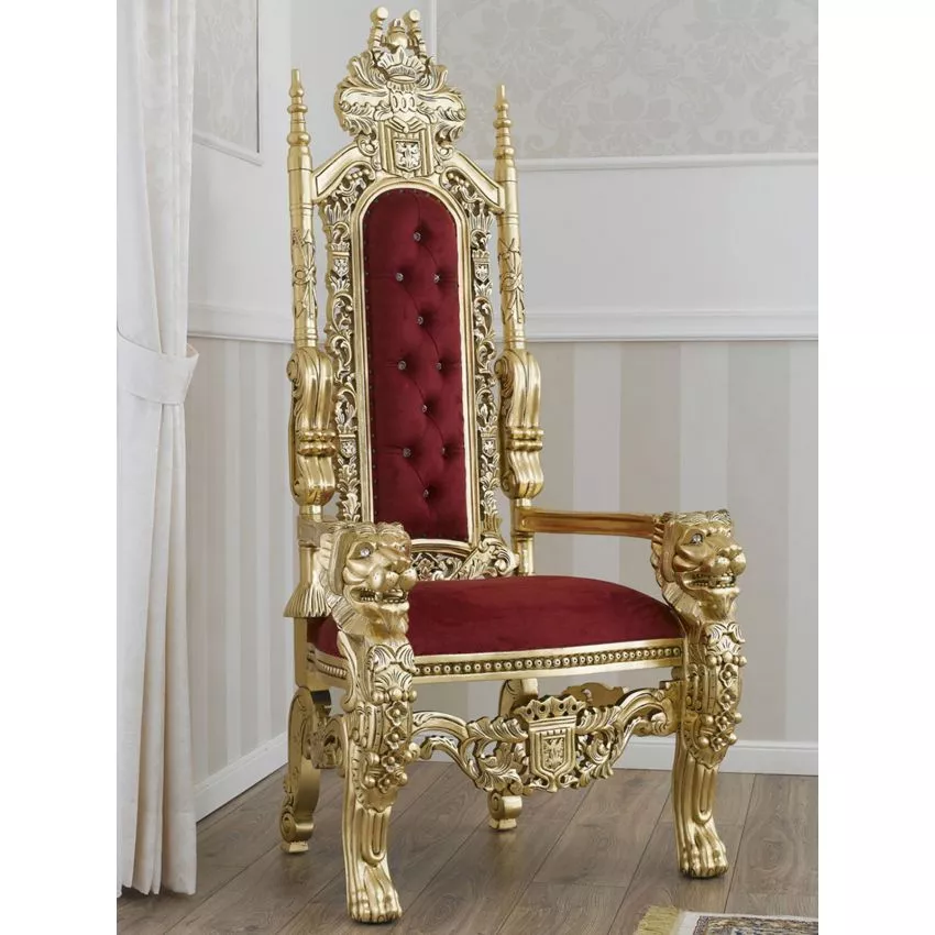 Lion King French Baroque Style Royal Hand Carved Teak Wood Throne Chair with Gold Leaf Button Tufted
