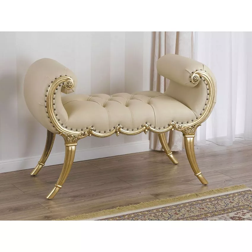 Eva Baroque Style Gold Leaf Champagne Leatherette Crystal Button Bench