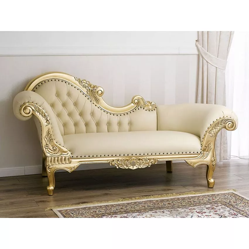 Baroque Style Hand Carved Button Tufted Teak Wood 3-Seater Chaise Longue ( Golden & Beige )