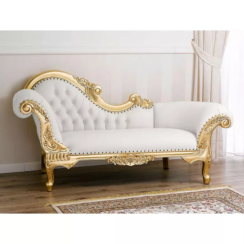 Baroque Style Hand Carved Button Tufted Teak Wood 3-Seater Chaise Longue ( White & Golden)