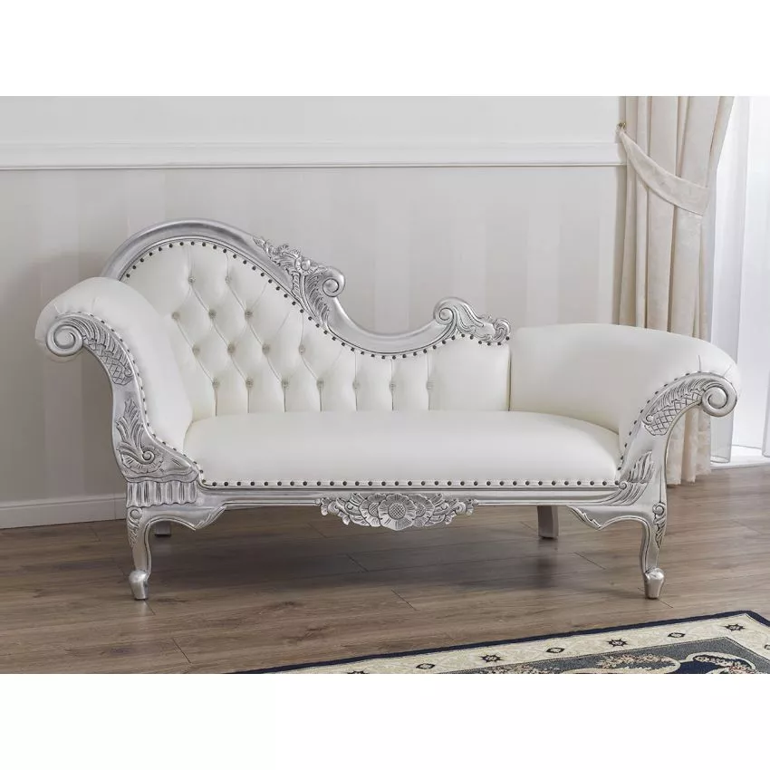 Baroque Style Hand Carved Button Tufted Teak Wood 3-Seater Chaise Longue Silver Finish ( White )