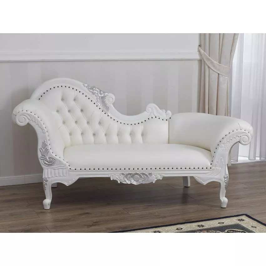 Baroque Style Hand Carved Button Tufted Teak Wood 3-Seater Chaise Longue ( White & Silver )