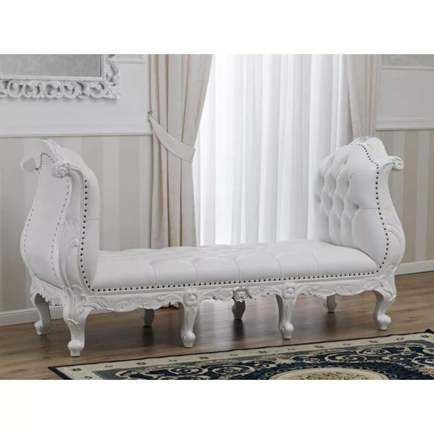 Imperiale Rococo Modern Style White Lacquered Glossy and Silver Leaf White 3 Seater Bench