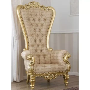 Luxurious Teak Wood High Back Throne Chair Golden Leaf with Damask Fabric