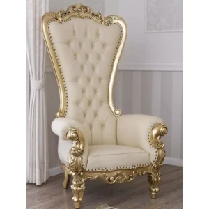 Luxurious Teak Wood High Back Throne Chair Golden Leaf
