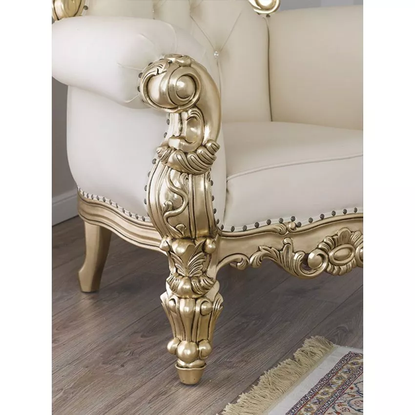 Luxurious Teak Wood High Back Throne Chair Golden Leaf - Image 4