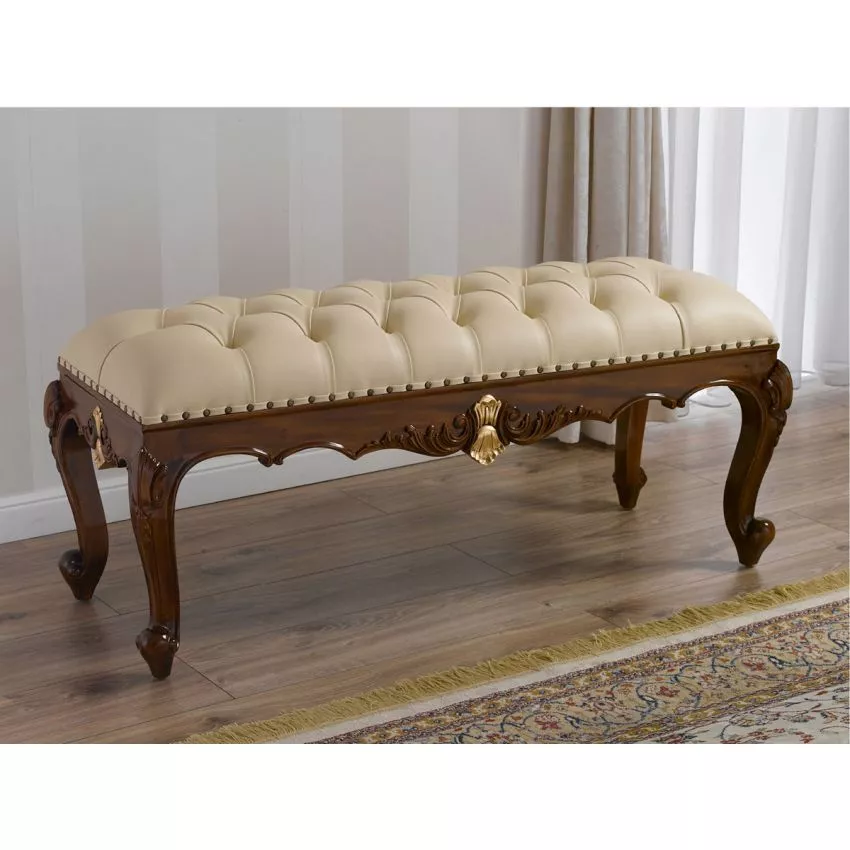 Fiona Baroque Style Walnut and Gold Leaf Champagne Leatherette Crystal Button Bench