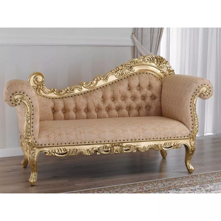 Alejandra Hand Carved Teak Wood 3-Seater Chaise Longue Sofa Golden Leaf