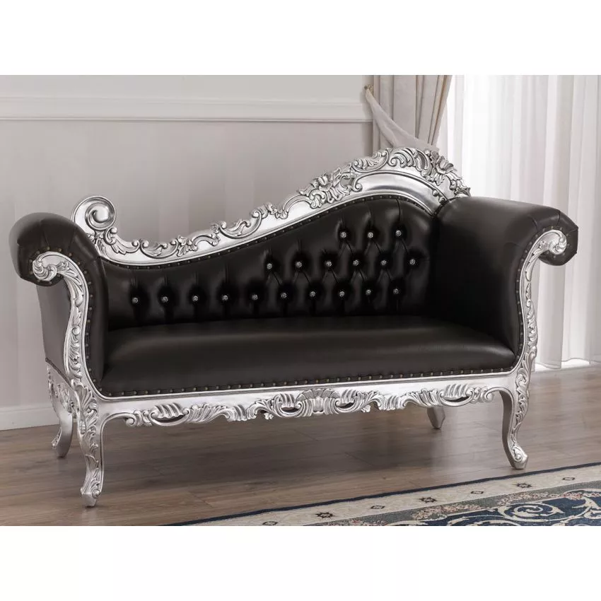 Alejandra Hand Carved Teak Wood Leatherette 3-Seater Chaise Longue Sofa Silver Leaf ( Black )