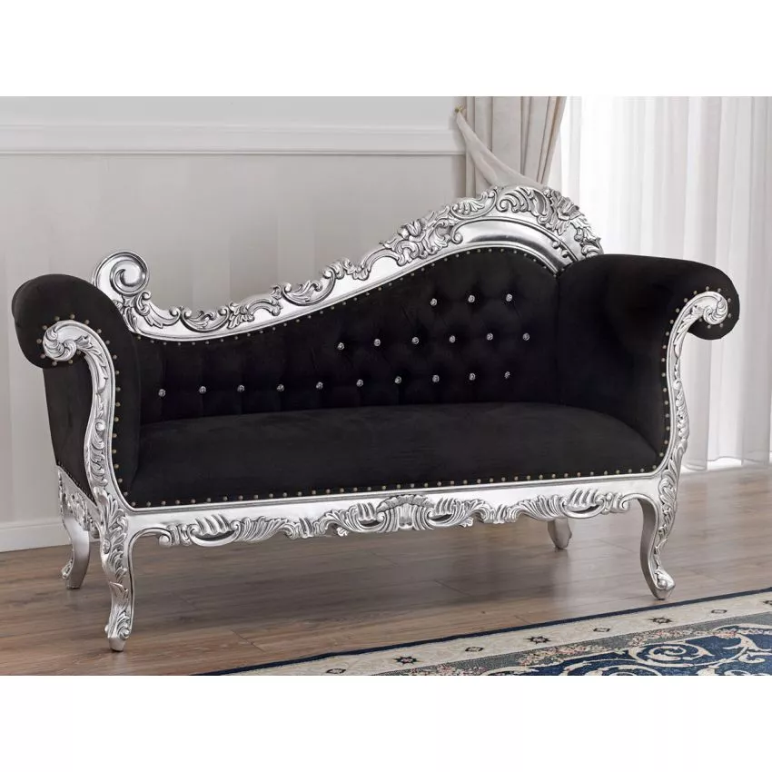 Alejandra Hand Carved Teak Wood 3-Seater Chaise Longue Silver Leaf Black Velvet Fabric