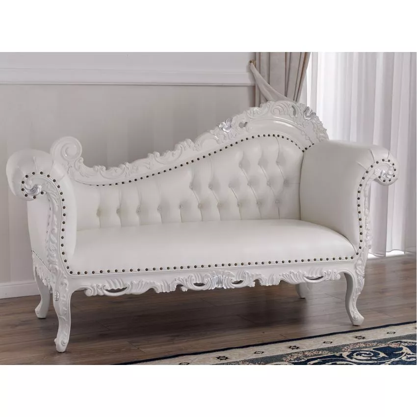 Alejandra Hand Carved Teak Wood Leatherette 3-Seater Chaise Longue Sofa White and Silver Leaf