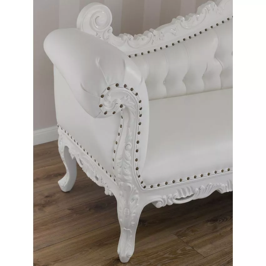 Natural Art & Craft Alejandra Hand Carved Teak Wood Leatherette 3-Seater Chaise Longue Sofa In White Finish ( White ) - Image 2
