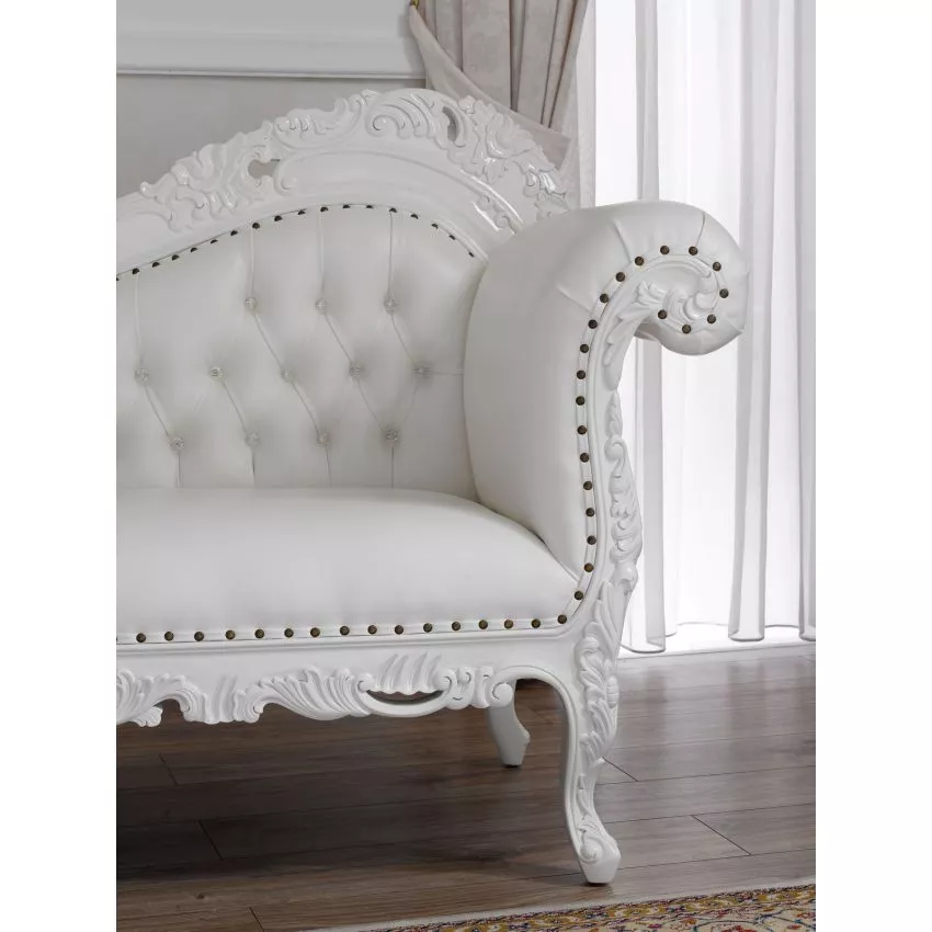 Natural Art & Craft Alejandra Hand Carved Teak Wood Leatherette 3-Seater Chaise Longue Sofa In White Finish ( White ) - Image 3