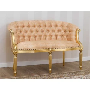 Megan French Baroque Style Teak Wood Button Tufted 2 Seater Chaise Lounge Sofa Golden Leaf
