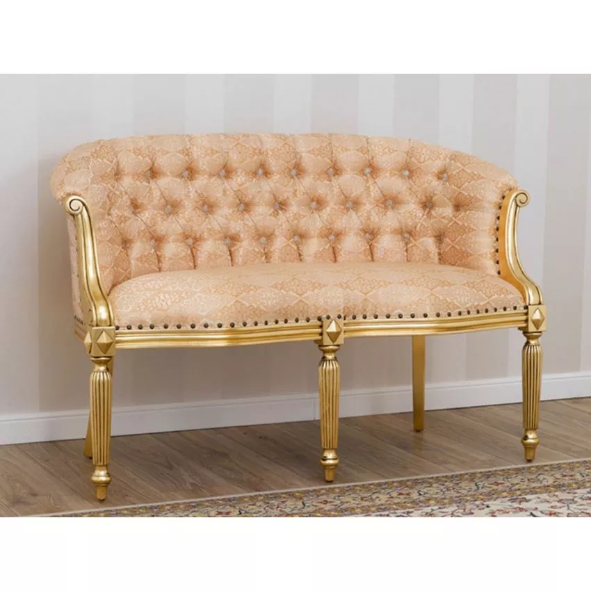 Megan French Baroque Style Teak Wood Button Tufted 2 Seater Chaise Lounge Sofa Golden Leaf