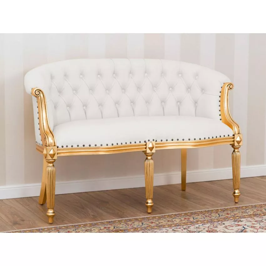 Megan French Baroque Style Teak Wood Button Tufted 2 Seater Chaise Lounge Sofa Golden Leaf ( White )