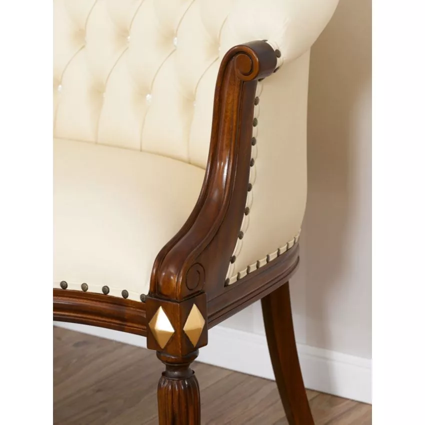 Megan French Baroque Style Teak Wood Button Tufted 2 Seater Chaise Lounge Sofa Walnut and Gold Leaf - Image 4