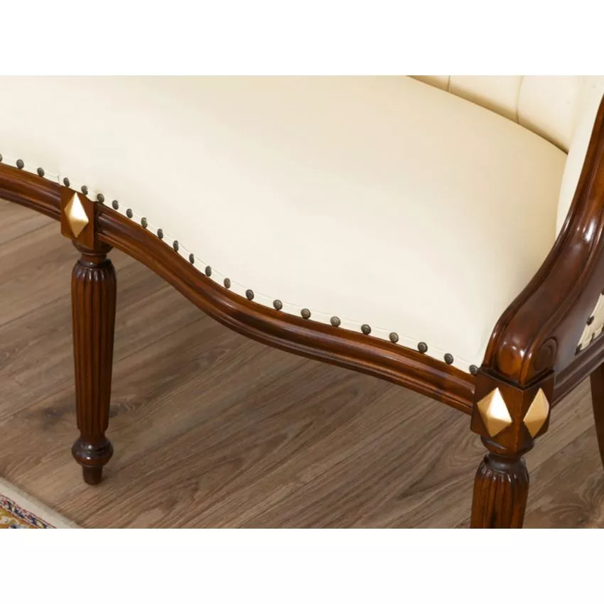 Megan French Baroque Style Teak Wood Button Tufted 2 Seater Chaise Lounge Sofa Walnut and Gold Leaf - Image 3