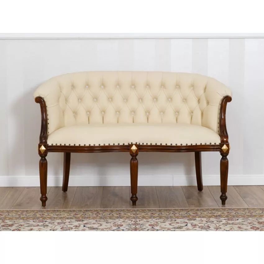 Megan French Baroque Style Teak Wood Button Tufted 2 Seater Chaise Lounge Sofa Walnut and Gold Leaf - Image 2