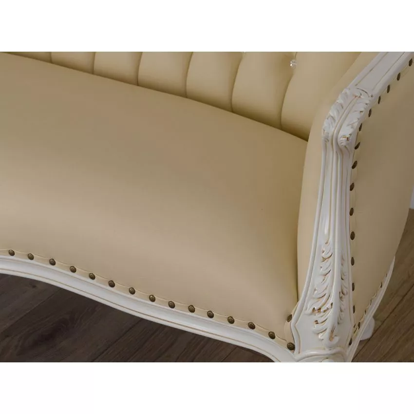 Natural Art & Craft Megan French Baroque Style Teak Wood Button Tufted 2 Seater Chaise Lounge Sofa Ivory and Gold Leaf Champagne - Image 4
