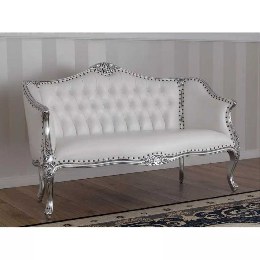 Megan French Baroque Style Teak Wood Button Tufted 2 Seater Chaise Lounge Sofa Silver Finish ( White )