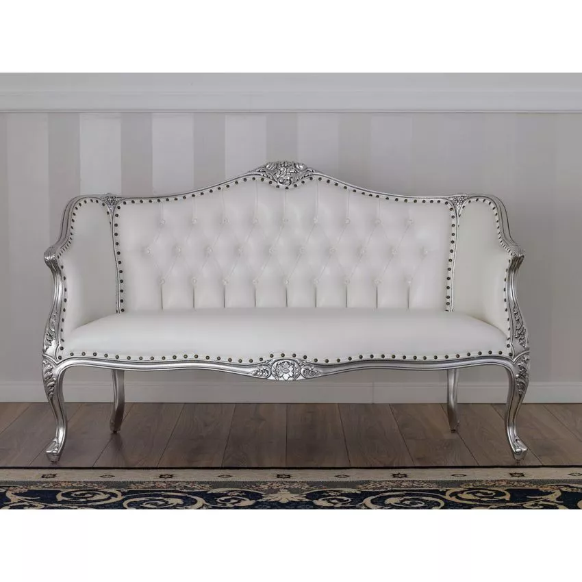 Megan French Baroque Style Teak Wood Button Tufted 2 Seater Chaise Lounge Sofa Silver Finish ( White ) - Image 2