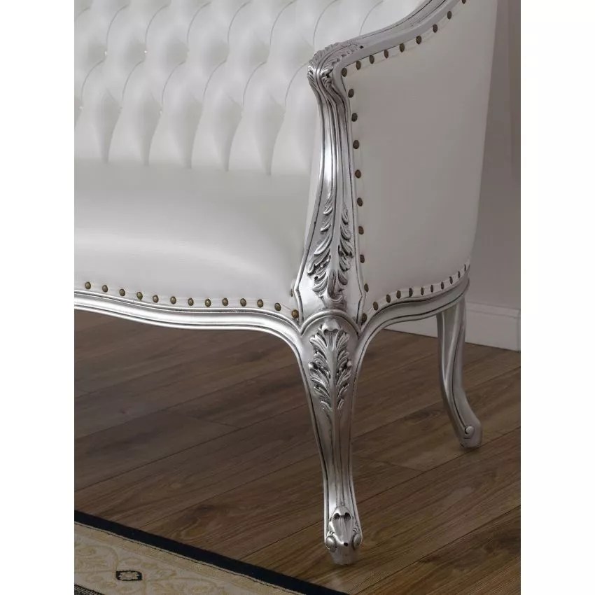 Megan French Baroque Style Teak Wood Button Tufted 2 Seater Chaise Lounge Sofa Silver Finish ( White ) - Image 3
