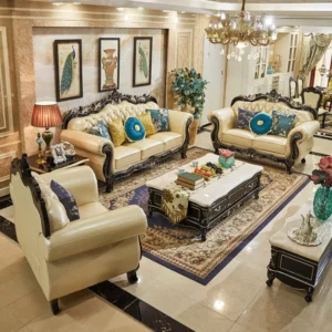 Royal Maharaja Hand Carved Teak Wood Sofa Set 3+2+1 with Coffee Table Traditional Indian Style Living Room Elegant & Durable
